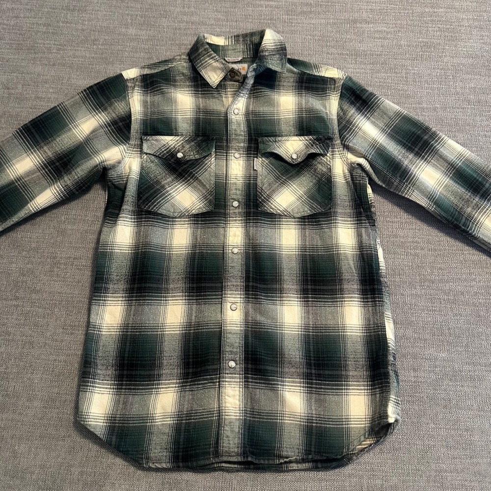 Carhartt Flannel Shirt Mens Small Green White Relaxed Fit Excellent Plaid